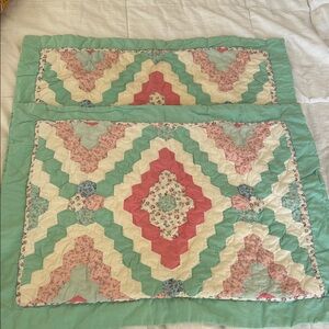 Vintage Handmade Patchwork Quilted Pillowcase Set - Green, Pink, Cream